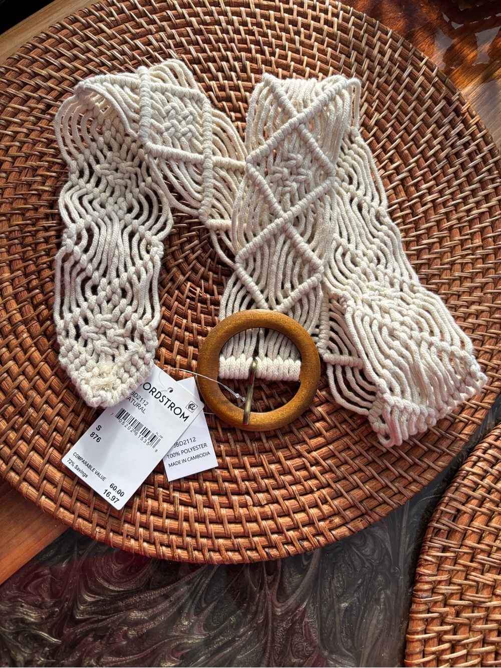 Nordstrom Ivory Macramé Rope Belt with Wooden Ring